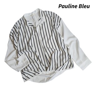 ポリーヌ・ブロー Pauline Bleu ゆったり スキッパー長袖ブラウス プルオーバー ストライプ バンドカラー オフホワイト&ダークネイビー