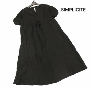 22SS★ SIMPLICITE シンプリシテェ 春夏 麻♪ 半袖 リネン レーヨン ロング パフ ワンピース Sz.F　レディース 黒　K4T00717_5#M