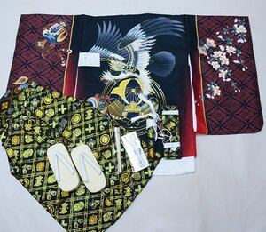 七五三 五歳 男児 羽織袴フルセット 着物 L寸 金刺繍 豪華絢爛 綸子地 黒×エンジ 鷹 袴変更可能 祝着 新品（株）安田屋 NO38727