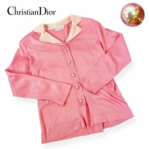★極美品/高級生地★Christian Dior クリスチャン・ディオール シルク100％ ヴィンテージ パール金ボタン ニットジャケット ピンク Mサイズ