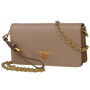 プラダ PRADA ロゴ チェーン ウォレット 2WAY ショルダーバッグ 長財布 サフィアーノレザー ベージュ 1DH029 レディース 【中古】