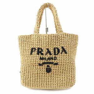 極美品◎PRADA プラダ 1BG422 スモール クロシェ トライアングルロゴプレート付 ラフィア トートバッグ ナチュラル 黒 ゴールド金具 袋付