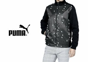 美品 PUMA GOLF プーマ ゴルフ コンビネーション グラフィック フルジップ ブルゾン L/ナイロン切替 ニット ジップジャケット/黒/930315