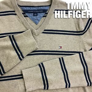 ★USA直輸入!!★正規品★【TOMMY HILFIGER トミーヒルフィガー】 紺×ベージュ Vネック 薄手 コットンニット セーター【メンズ M】K2-696