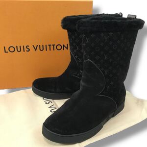 u16 良品 LOUIS VUITTON ルイヴィトン モノグラムミニ ムートンブーツ スエードレザー ボア BLACK ショート ブーツ 37 イタリア製 正規品