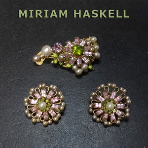 ミリアムハスケル◆ピンクの小花ブローチ＋イヤリング：ヴィンテージコスチュームジュエリ ー：Miriam Haskell