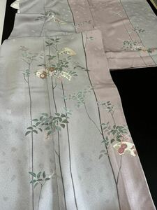 日舞家所蔵品★【極美品】単衣 京友禅名匠染匠「久保耕謹製」48万 藤鼠色×桃鼠色 染め分け「万両 扇面四季の花」★身丈160裄63