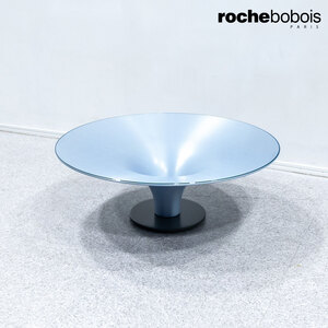 【展示品】Roche Bobois ロッシュボボア OVNI UP オヴニーアップ コーヒー ラウンド テーブル ブルー ガラス天板 定価16万【配送要確認】