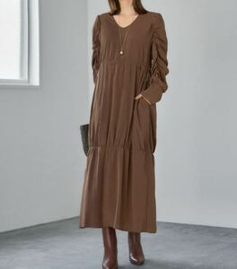 【STYLE DELI】【訳あり】【LUXE】楊柳ギャザーワンピース/ソフトブラウン・Fサイズ