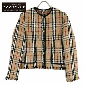 新品同様/国内正規 BURBERRY バーバリー 8065309 ヴィンテージチェック ノーカラー フリンジ ジャケット IT:36 ベージュ レディース