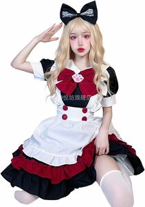 メイド服 L 6点セット ワンピース エプロン カチューシャ 胸リボン ニーハイ白1黒1 コスプレ 学園祭 ロリータ 撮影会 イベント パーティー