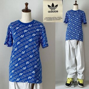 ★【国内正規品 総柄◎】Y2K 00s ビンテージ adidas アディダス コットン100% 総柄 トレフォイル ロゴ Tシャツ 日本 S サイズ ブルー系