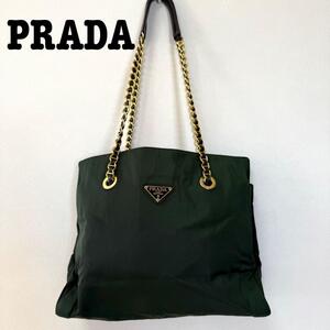 PRADA プラダ テスート ポノコ チェーン ショルダーバッグ トートバッグ 三角ロゴ カーキ ナイロン ギャランティカード有 ゴールド金具