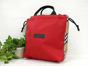 新品同様◆超美品◆BURBERRY バーバリー◆ナイロン カーフ レザー 本革◆巾着 ミニ ハンド バッグ◆レッド◆ノバチェック◆腕掛け◆N9273