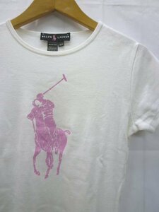 USA製☆ラルフローレン☆ビッグポニー 半袖 Tシャツ レディース M 白/ピンク スリムフィット RALPH LAUREN アメリカ製 美品