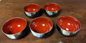 お碗　丼椀　５個　黒　葉　漆器　KANSAI　山本寛斎　合成漆器