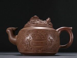 「紫砂彫 聚寶盆紫砂茶壺 朱可心銘 近時代」陶磁器 急須 茶道具 古賞物 中国古美術 蔵出