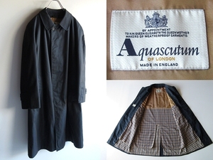 希少 英国製 Aquascutum アクアスキュータム クラブチェック ウールライナー付 コットンギャバジン 比翼ステンカラーコート 36REG ネイビー