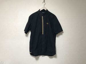 本物フレッドペリーFREDPERRYコットンロゴ刺繍半袖シャツメンズサーフアメカジミリタリーストリートモードゴルフドレス黒ブラックL