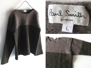 希少 90sビンテージ Paul Smith LONDON ポールスミス ロンドン ウール 色切替 バイカラー ニット セーター L グレー モスグリーン 日本製