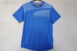 PUMA/プーマ/半袖Tシャツ/細ボーダー柄/陸上トラック柄ステッチ/ロゴプリント/スポーツ/青/ブルー/Mサイズ(9/12R)