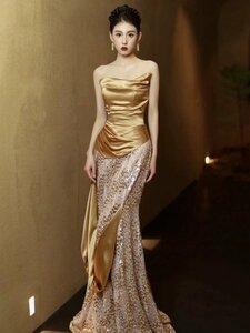 ホステス キャバ嬢 ゴージャス ドレス 結婚式 ゴールド パーティードレス コンテスト ワンピース ロング 上品 高質 スナック衣装