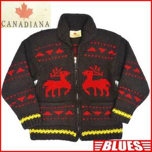 即決★カナダ製 CANADIANA★メンズM位 カウチンセーター カナディアーナ 茶 トナカイ ウールジャケット ジップアップ ニット セーター