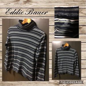 ◆Eddie Bauer エディーバウアー 長袖カットソー ハイネック ボーダー柄 綿100% ストレッチ レディースM used 送料無料