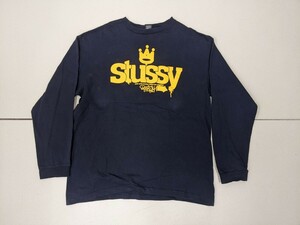 18. 00s STUSSY デカロゴ センター プリント 長袖 Tシャツ ロンT オールド ステューシー ストリート Y2K メンズL 紺黄x705