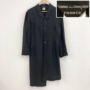 アシンメトリー 80s COMME des GARCONS FRANCE 変形 切替 リネン ロング コート 黒 コムデギャルソン ジャケット VINTAGE archive 2060266