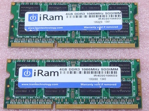 ☆iRam IR4GSO1066D3 2枚セット - PC3-8500S/DDR3-1066 204Pin DDR3 S.O.DIMM 8GB(4GB x2) 動作品