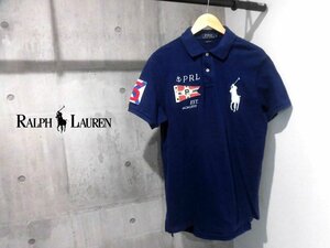 POLO RALPH LAUREN/ポロ ラルフローレン CUSTOM FIT ビッグポニー刺繍 x フラッグワッペン 半袖 ポロシャツ L/半袖シャツ/カノコ/紺/メンズ