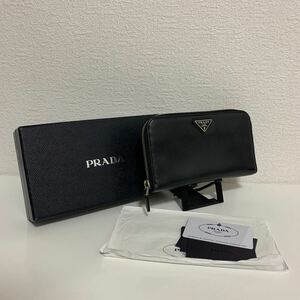 良品　 PRADA プラダ サフィアーノ レザー ラウンドファスナー ジッピーウォレット ブラック 長財布 三角プレート