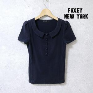 FOXEY NEW YORK フォクシーニューヨーク サイズ38 ロゴ刺繍 ストレッチ 半袖 カットソー ポロシャツ 黒 ブラック