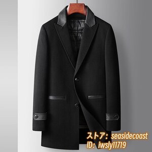 18万 最上級*ウールコート ビジネスコート 新品 グースダウンジャケット メンズ ロングコート 高級WOOL セレブ*羊革 厚手 紳士服 黒色 3XL