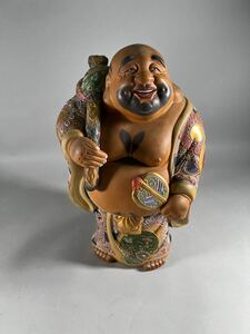 九谷 大型布袋 八幡窯清仙作、重3.6kg、共箱保存良、経年保管品、昭和50年箱書、色絵染付金襴手美術品