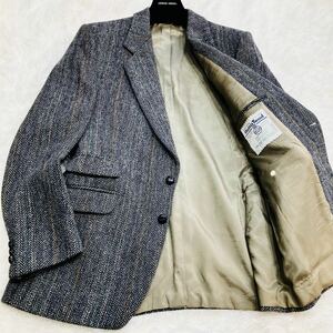 希少XL◎【HARRIS TWEED/ハリスツイード】サイズ42 ブレザー テーラードジャケット グレー くるみボタン ヘリンボーン 黒