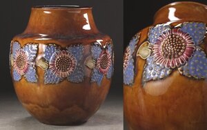 ∇花∇20世紀初頭【ロイヤルドルトン/Royal Doulton】 1902～1922年 浮彫彩釉花文花瓶 高さ16cm