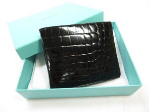 未使用 【ティファニー TIFFANY&Co.】 本革 クロコダイルレザー 二つ折り財布 ウォレット (レディース) 黒 ティファニーブルー□7ME7173