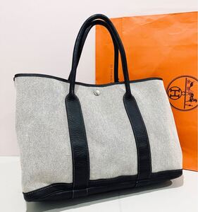 HERMES ● 超美品 バッグ ガーデンパーティPM 刻印有り グレー ブラック バック エルメス トート