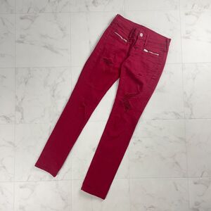 美品 TRUE RELIGION トゥルーレリジョン ダメージ加工 スキニーデニムパンツ ジーンズ ボトムス メンズ 赤 レッド サイズ23*QC458