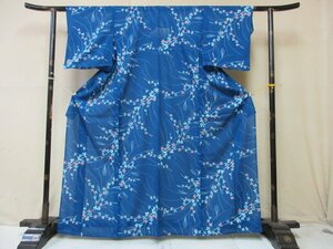 1円 良品 化繊 着物 小紋 洗える 絽 夏物 和装 和服 青 萩 秋草 草花 枝花 枝葉 おしゃれ 単衣 身丈156cm 裄62cm【夢職】★★★