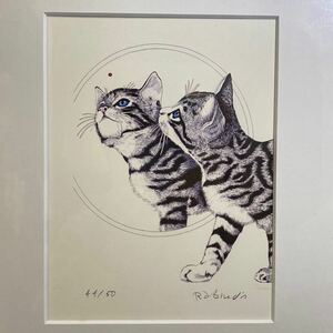 【真作】ラビンドラ・ダンクス Rabindra Danks ◆猫『鏡を覗く猫』リトグラフ 直筆サイン入り/絵画/美術品