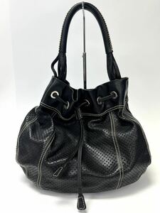 【JL4-4294】PRADA ハンドバッグ 巾着 パンチング ブラック レザー １円スタート