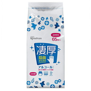 （まとめ買い）アイリスオーヤマ 除菌ウェットティッシュ 凄厚 アルコールタイプ 厚手 詰め替え 65枚入 WTT-65A 〔×5〕