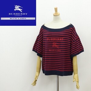 ◆BURBERRY BLUE LABEL バーバリー ブルーレーベル ボーダー柄 ロゴプリント ドロップショルダー トップス ダークネイビー×レッド 38