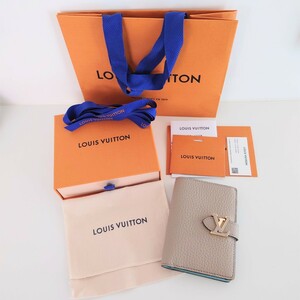 ルイヴィトン LV ヴェルティカル ウォレット コンパクト ベージュブルー ロゴ LOUISVUITTON ミニ 折り財布