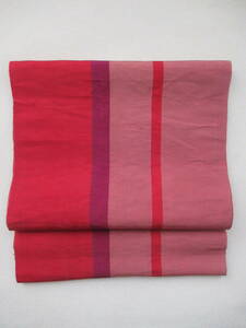 　赤縞織帯　半幅　グログラン織　名古屋帯　絹　昭和時代