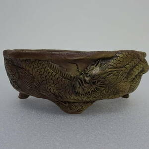 盆栽鉢 谷 嵐山 紫泥竜,鳥浮彫外縁楕円鉢 新品