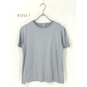 A9821/訳あり 美品 春夏 FOXEY フォクシー コットン ロゴ刺繍 クルーネック 無地 半袖 Tシャツ カットソー 38 M程 水色 レディース